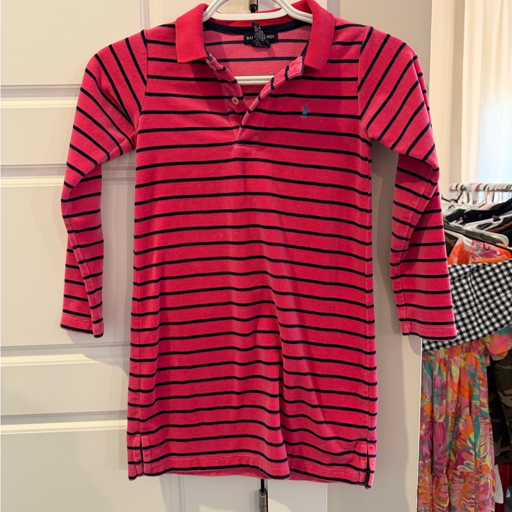 Ralph Lauren Pink and Navy Striped Long-Sleeve Polo Tunic